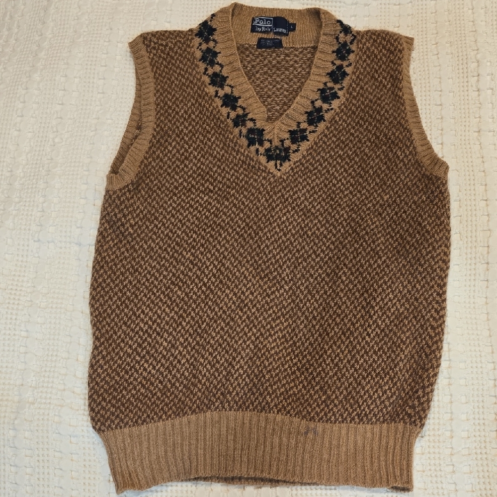Vintage Polo By Ralph Lauren Men's Tan V-Neck Sweater Vest CAMEL HAIR/WOOL